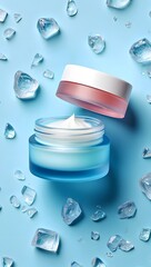 Cosmetic beauty product with ice cubes for fresh look and feel on a blue background