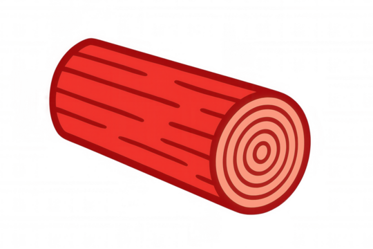 Red wooden log lying horizontally with clearly visible growth rings, isolated on transparent background, simple cartoon drawing