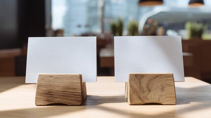 Two blank cards in wood holders sit on a wooden table with a blurred background of restaurant ambiance and soft sunlight creating a warm atmosphere.