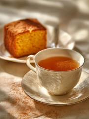 Morning tea and golden muffin on white porcelain with natural sunlight shadows, cozy breakfast scene with hot beverage and baked pastry, elegant tea time setting with homemade cake, warm comfort food 
