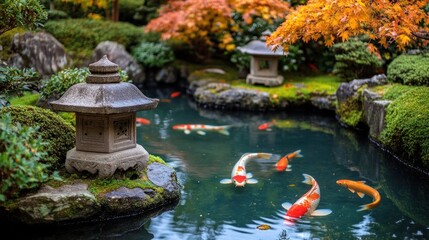 Naklejka premium Peaceful Japanese garden with koi fish. Autumn leaves