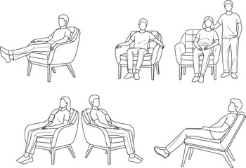 Black and white line art of people sitting in armchairs, various relaxed and interactive poses for ergonomic or lifestyle design