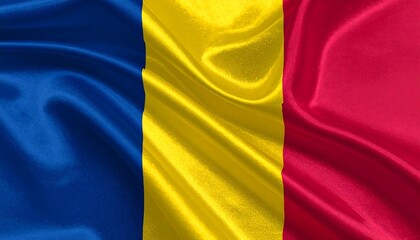 Romanian flag with vertical blue, yellow, and red stripes waving on textured fabric, symbolizing national identity and sovereignty.