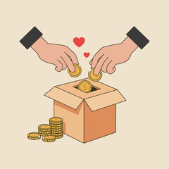 Donation box with hands putting money inside. Charity and financial support concept.