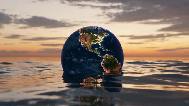 A glowing Earth globe hovering above gently rippling water, set against a soft blue, serene background.