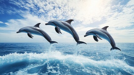 Three dolphins leap gracefully from a serene ocean, bathed in sunlight