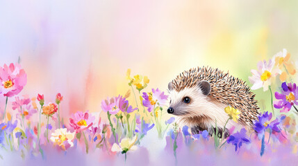 Charming hedgehog surrounded by colorful flowers in vibrant watercolor style, evoking sense of joy and tranquility