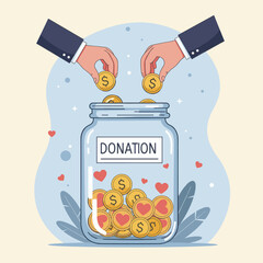 Hands putting coins into a donation jar filled with money and hearts, vector illustration.