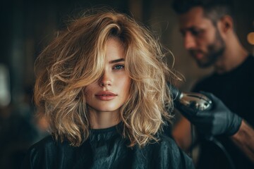 Fototapeta premium Hairdresser using hair dryer, styling blonde woman's hair in beauty salon