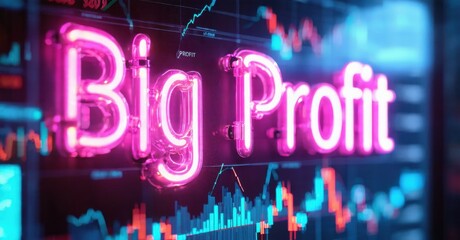 Bright neon sign displays Big Profit over financial charts. Red, blue colors dominate background, suggesting market activity, gains.