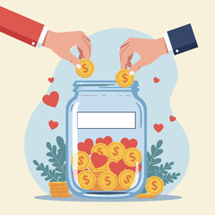 Hands putting money into a jar filled with coins and hearts, symbolizing love and financial support.