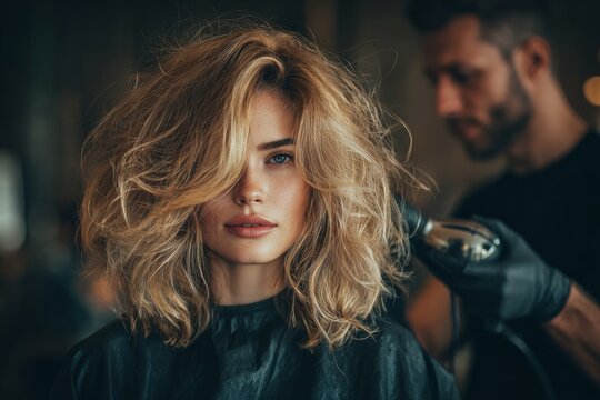 Hairdresser using hair dryer, styling blonde woman's hair in beauty salon