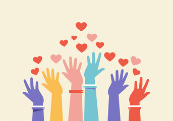 Colorful hands raised up with hearts. Concept of love, charity, and giving.
