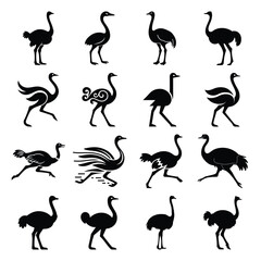 Obraz premium Ostrich Silhouette Vector Icon Set, Black Flightless Bird Illustrations