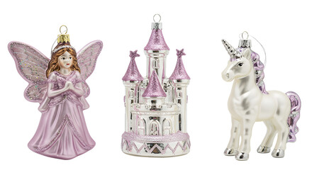 Pink fairy, purple castle, and white unicorn Christmas ornaments on white background, festive holiday decorations perfect for Christmas and fantasy themes