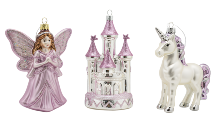 Pink fairy, purple castle, and white unicorn Christmas ornaments on white background, festive holiday decorations perfect for Christmas and fantasy themes