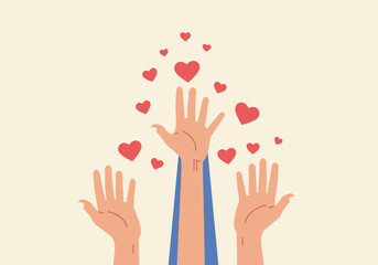 Hands reaching for hearts, symbol of love, care, and support in a bright, positive vector illustration.