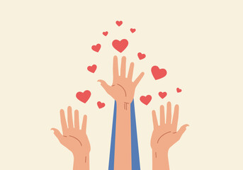 Hands reaching for hearts. Symbol of love, charity, giving, donation, and support. Vector illustration.