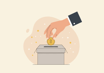 Hand putting coin in donation box. Concept of charity, investment and financial support.