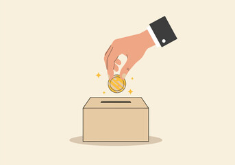 Hand puts coin into donation box. Giving money for charity, investment, and financial support concept.