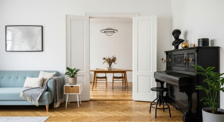 A bright and airy modern living room featuring a light blue sofa a black piano and