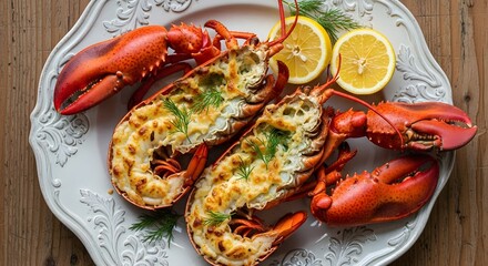 A gourmet grilled lobster dinner served on an elegant white plate with fresh lemon and dill for a luxurious seafood meal