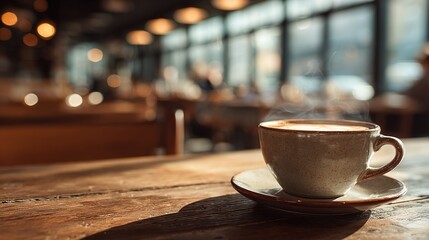 Fototapeta premium Steaming hot latte cup on an elegant cafe table, evoking a warm morning breakfast atmosphere.