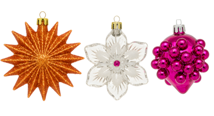 Set of three festive Christmas ornaments in orange star, white flower, and pink berry cluster designs, perfect for holiday decorations