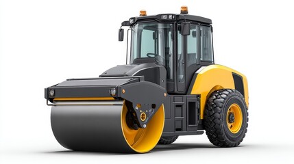 Construction machine loader with vibratory roller in action at work site industrial environment closeup view for efficiency