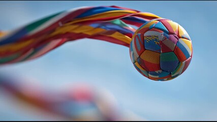 Multicolored soccer ball adorned with national flags floating gracefully against vivid blue sky, streaming flag patterned ribbons symbolizing global unity and sporting passion