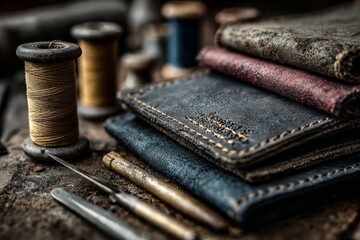 Close-up of handmade leather wallets and craft tools on a workbench, showcasing the artistry and skill of leather crafting