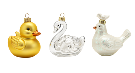Set of three decorative Christmas tree ornaments shaped like a yellow rubber duck, white swan, and white bird, perfect for holiday decor
