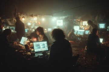 Software developers programming on laptops and computers in a dark server room