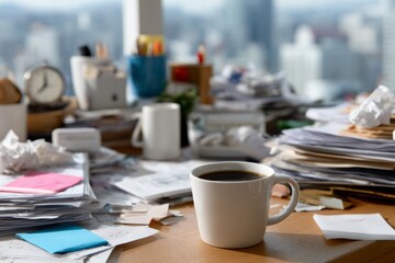Coffee break on a messy work desk full of paperwork and documents, suggesting a busy and stressful work environment
