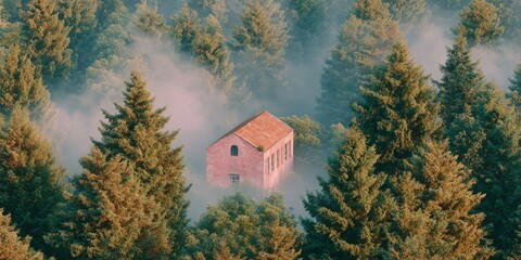 A surreal aerial view of an abandoned building overgrown with dense forest, floating above clouds, symbolizing nature reclaiming urban space, sustainable future and post-apocalyptic atmosphere.