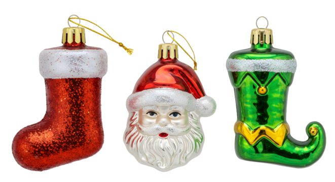 Santa Claus, Christmas stocking, and elf shoe ornaments set with glitter for holiday decoration and festive Christmas tree decor