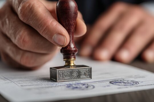Notary public is holding a stamp and applying it to a document to make it legally valid