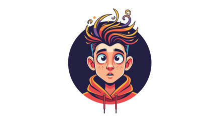 Cartoon portrait of a surprised young man with colorful hair and a red hoodie.