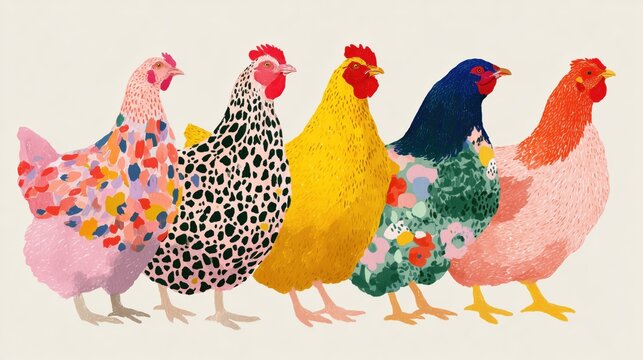 Colorful illustrated chickens in artistic paint textures, standing in a row on light background. Perfect for playful design, textile patterns, children&rsquo;s products, posters, and modern farm themes.