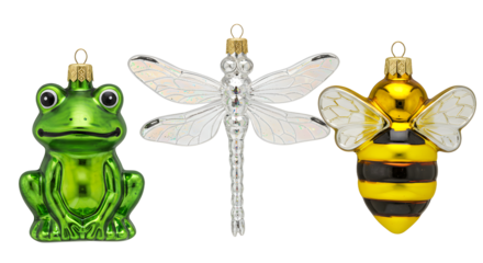 Set of glass Christmas tree ornaments shaped like a frog, a dragonfly, and a bee, festive holiday decoration perfect for seasonal celebrations