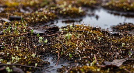 Fototapeta premium Moss with water droplets, closeup view of a natural ecosystem