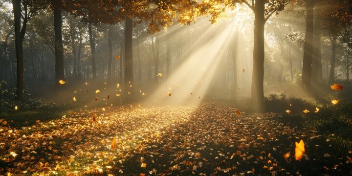 A misty forest at dawn sunlight autumn leaves. - Powered by Adobe