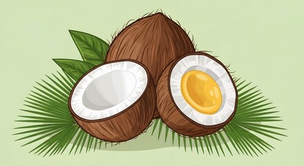 A detailed illustration of a whole and halved tropical coconut, showing its white flesh and golden center, set against green palm leaves