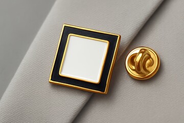 Blank square enamel pin mockup, black and gold lapel badge.
