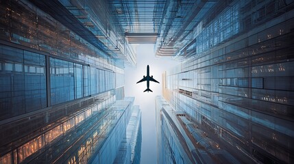 A commercial airplane flying through a futuristic cityscape, viewed from below between towering skyscrapers, symbolizing global travel and ambition