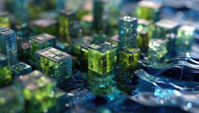 A futuristic cityscape of translucent green and blue cubic structures partially submerged in rippling water, rendered in high detail