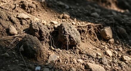 Close-up of soil texture with stones and roots in sunlight