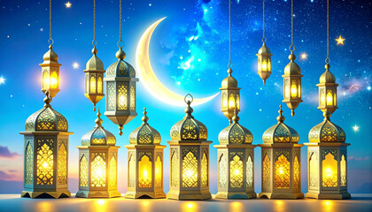 Obraz premium Ramadan Kareem with Lanterns and Moon