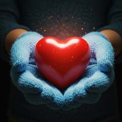 Hands in blue gloves hold a red heart with sparkles, conveying love, care, and a warm, affectionate gesture.