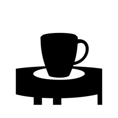Simple black and white illustration of a coffee mug on a table